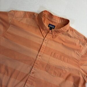 Patagonia Button Down Shirt Mens XXL Orange Striped Organic Cotton Short Sleeve